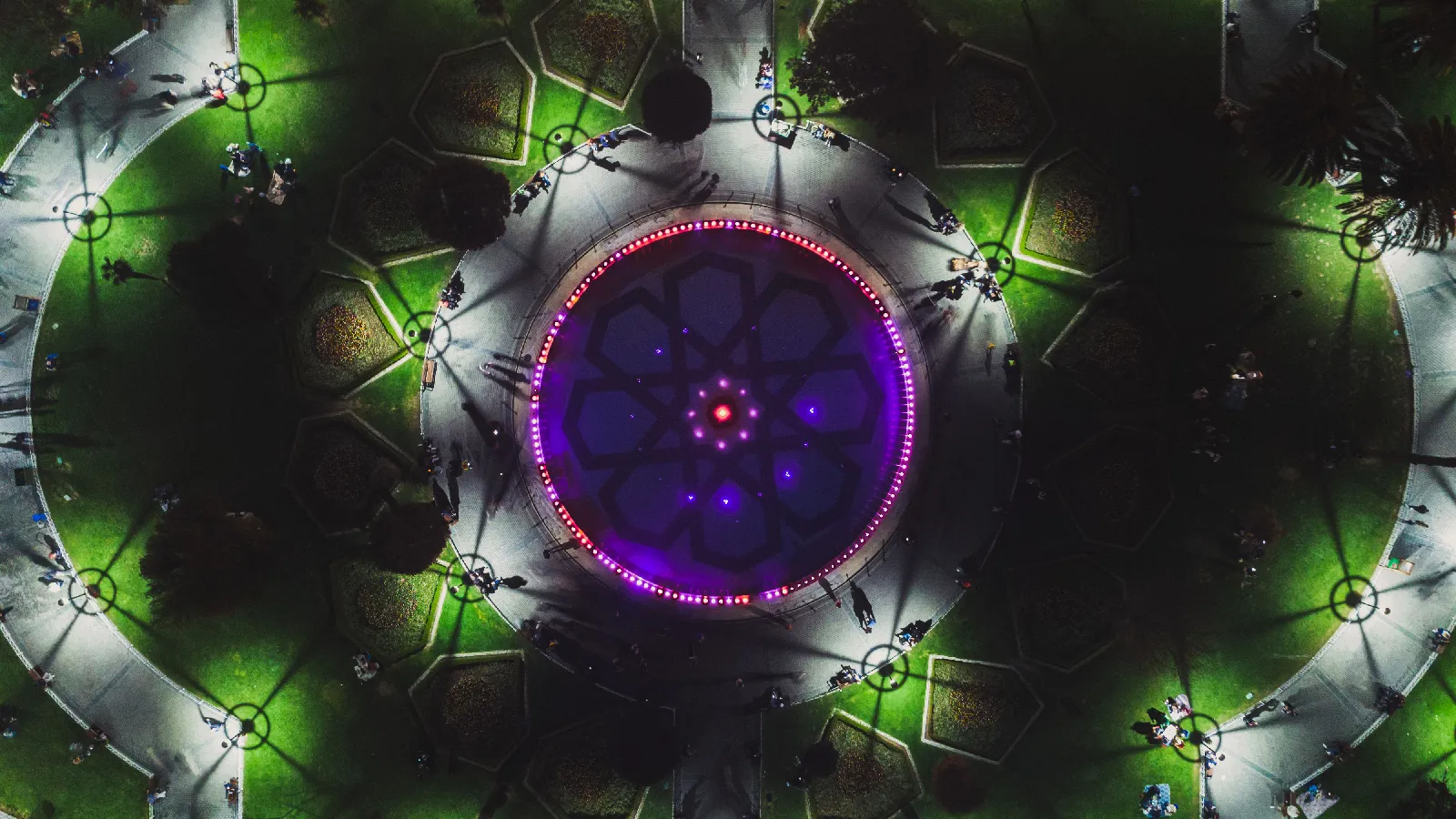 Aerial view of lit park at night